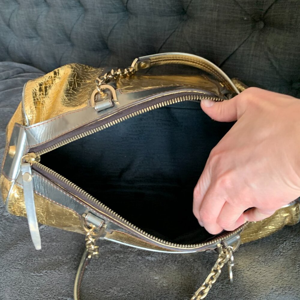 Lanvin Purse Large Tote Shoulder Bag Gold Silver Leather Lambskin Luxury Vintage - Picture 15 of 17